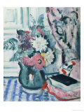 Buy Mixed Dahlias in a Green Vase with a Book on a Chequered Tablecloth at AllPosters.com