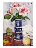 Pink Roses in a Chinese Blue and White Gu-Shaped Vase