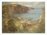 Buy An East Coast Fishing Village, Possibly St. Abbs, with Trawlers Anchored Offshore at AllPosters.com