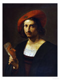 Buy Portrait of a Young Man Wearing a Wide-Brimmed Red Hat with a Badge, and Holding a Mask at AllPosters.com