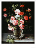 Buy Roses and Carnations in a Glass Vase on a Stone Ledge at AllPosters.com