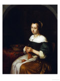 Buy A Woman Knitting with a Basket of Fruit on a Carpet-Covered Table Beside Her at AllPosters.com