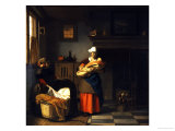 A Young Woman and a Girl Putting a Baby to Bed in a Cradle in an Interior