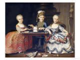 A Boy in Ornate Blue Costume Building a House of Cards, with Two Girls in Lace-Trimmed Dresses