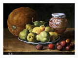 Buy Pears on a Plate, a Melon, Plums, and a Decorated Manises Jar with Plums on a Wooden Ledge at AllPosters.com