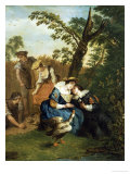 Buy A Courting Couple Beneath a Tree with a Greylag Goose and Her Chicks Disturbed by Harvesters at AllPosters.com