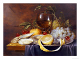 Buy A Roemer, a Peeled Half Lemon on a Pewter Plate, Oysters, Cherries and an Orange on a Draped Table at AllPosters.com