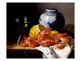 Shrimps, a Peeled Lemon, a Glass of Wine and a Blue and White Ginger Jar on a Draped Table