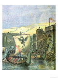 Buy Norse Boats Besieging Paris, Illustration from a Cover of a School Exercise Book, Late 19th Century at AllPosters.com