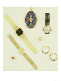 Selection of Jewellery: Sodalite Pendant; Pave-Set Diamond Ring; Creole Earrings by Cartier Giclee Print