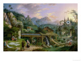 Buy Picture Clock with Scene of an Alpine Village Landscape with Clock Mechanism in Church Tower, 1833 at AllPosters.com