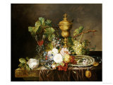 Buy A Still Life with Roses, Carnations, an Iris, Grapes, a Silver Plate, Two Medalions at AllPosters.com