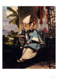 Portrait of a Girl, Seated Small Full Length in a Blue Robe, Holding a Fan by a Window with Parrot