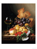 A Basket of Grapes, Raspberries, a Peach and a Wine Glass on a Table