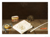 Buy A Mouse Chewing an Almanac with a Pocket Watch, a Quill, Sealing Wax and a Box on a Ledge at AllPosters.com