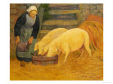 Buy A Young Girl Feeding Two Pigs at AllPosters.com