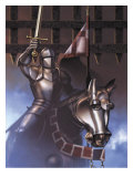 Anight in Armor with His Sword Drawn Riding a Horse