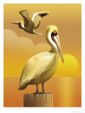 A View of Two Pelicans, One Standing on a Post and One Flying