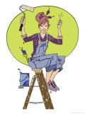 Buy Woman Snapping Her Fingers Sitting on Top of a Step Ladder Ready to Paint, Grouped Elements at AllPosters.com