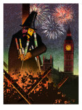 Fireworks with the Parliament in the Background and Fireworks Exploding in the Sky