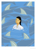 Buy Businesswoman Being Circled by Shark Fins at AllPosters.com