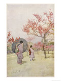 Two Japanese Women Admiring Peach Trees in Blossom