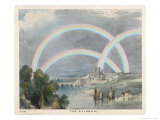 Three Rainbows Over a River with a Bridge in the Background and Ships in the Foreground