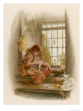 Buy Girl Sits in a Window-Seat Mending Her Doll at AllPosters.com