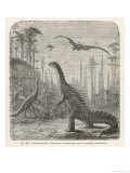 Dinosaurs of the Jurassic Period: a Stegosaurus with a Compsognathus in the Background