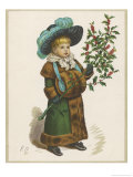 Girl in Fur-Trimmed Coat Fur Muff Gloves and Feathered Hat Carrying a Fair-Sized Branch of Holly