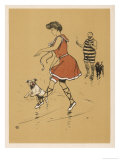 Young Woman in a Red Swimsuit with Her White Bulldog on the Beach