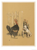 White Bulldog Looks up Enquiringly at a Rather Stern- Looking Turkey Cock