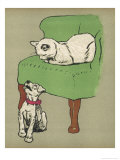 White Cat Relaxes on a Comfy Chair While a White Puppy Tries to Pull His Irritating Collar Off