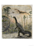 Dinosaurs of the Jurassic Period: a Stegosaurus with a Compsognathus in the Background