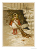 Buy Little Girl Sweeps the Snow by the Steps Watched by a Robin at AllPosters.com