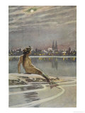 Buy The Little Mermaid Sits on a Rock and Gazes at the Lights of the Distant Town at AllPosters.com