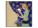 She Reads a Letter Above a Vase of Blue Flowers Giclee Print