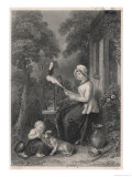 Scots Wife Sits at Her Spinning Wheel Outside the Cottage Door While Her Child Plays with the Dog