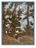 Landscape Somewhere in France. a Woman and Child Walk Beneath Trees