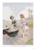 Two Little Girls Play at Mothers Wheeling Their Dolls in Their Prams Through the Park
