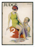 Buy Lime Green Tank Style One- Piece Bathing Costume Worn with a Red Bathing Cap at AllPosters.com