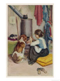 Girl a Large Dog and a Small Cat Sit Warming Themselves at an Open Stove