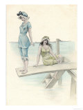 Two Girls in Bathing Suits One About to Dive into the Sea from a Diving Board