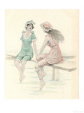 Two Girls in Bathing Suits Sitting and Chatting on the Jetty