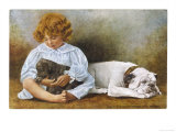 Little Girl Sits with a White Bulldog and Cuddles a Puppy