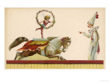 Young Child with a Hoop Decorated with Flowers Rides on the Back of a Skewbald