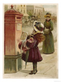 Little Girl in a Huge Fruit Festooned Bonnet Arms Full with a Doll Umbrella and Muff Looks Up