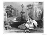 Buy Girl in a White Dress with Flowers in Her Hair Reads in the Garden Beside an Elaborate Fountain at AllPosters.com