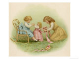 Doll is Dressed by Two Girls One in Front of Her While the Other Ties Her Sash Behind