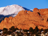 Gateway Rock Garden of the Gods Park with Pikes Peak in Background, Colorado Springs, U.S.A.